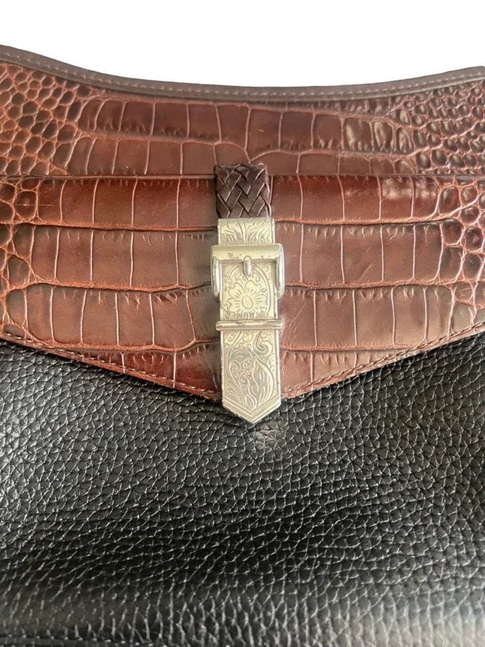 Brighton Collection Buckle Shoulder Bag Black and Tan with Croc Embossed Accents - Picture 3 of 15